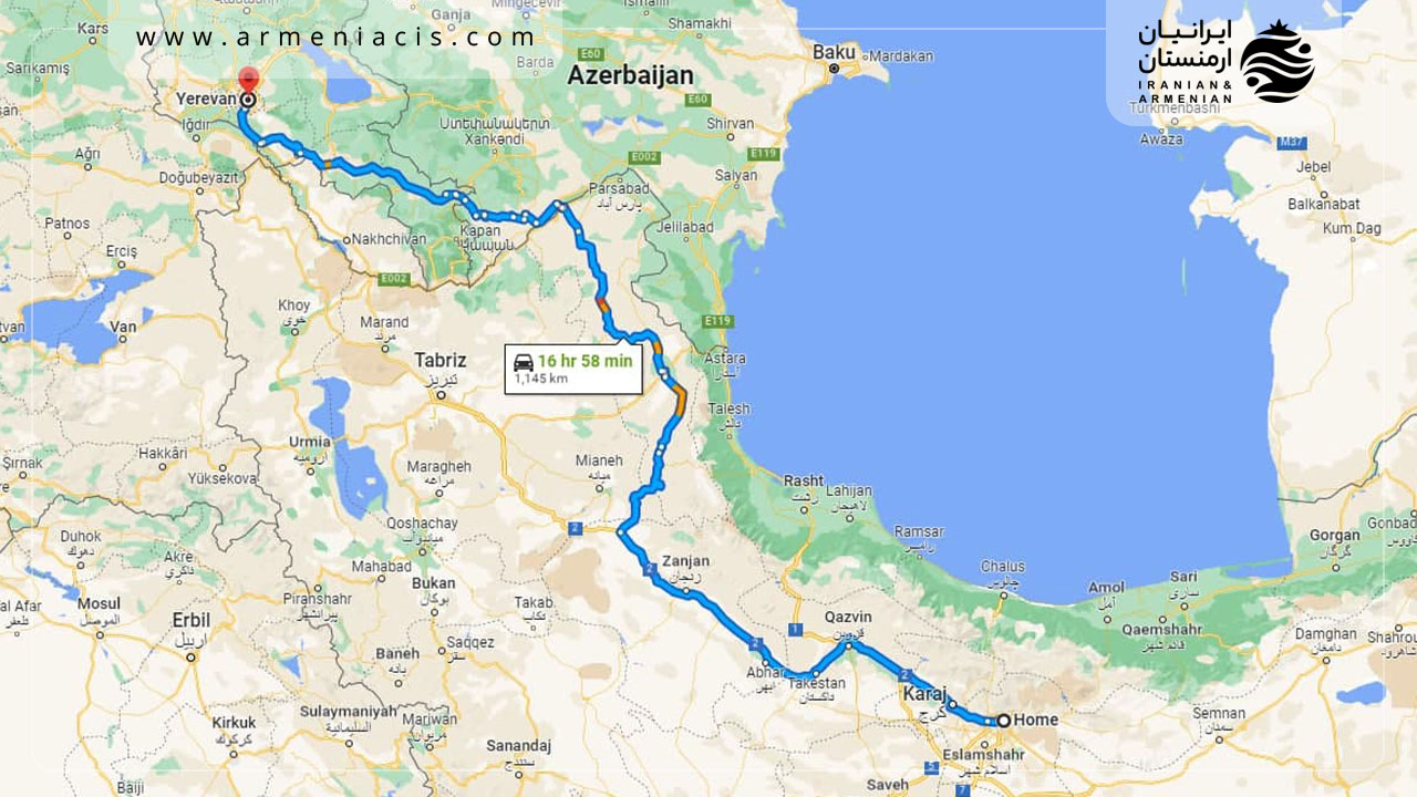 مسیر سفر زمینی به ارمنستان